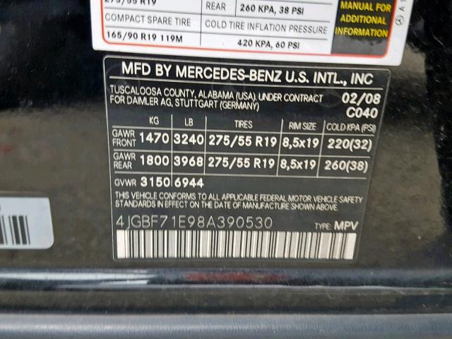 4JGBF71E98A390530 - 2008 MERCEDES-BENZ GL 450 4MA BLACK photo 10