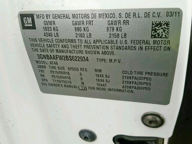 3GNBAAFW2BS622934 - 2011 CHEVROLET HHR LS Blanco foto 10