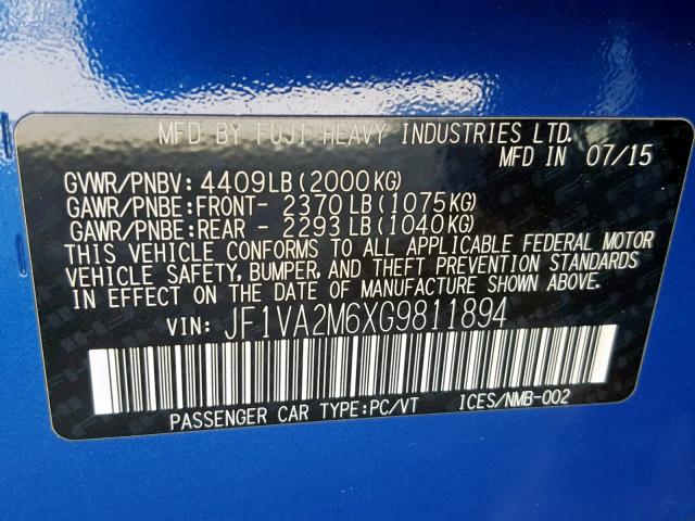 JF1VA2M6XG9811894 - 2016 SUBARU WRX STI BLUE photo 10