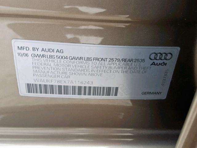 WAUKF78EX7A116243 - 2007 AUDI A4 2.0T AV BEIGE photo 10