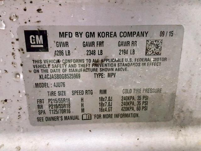 KL4CJASB0GB525969 - 2016 BUICK ENCORE SILVER photo 10