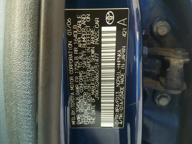 JTKKT624860151477 - 2006 TOYOTA SCION XA BLUE photo 10