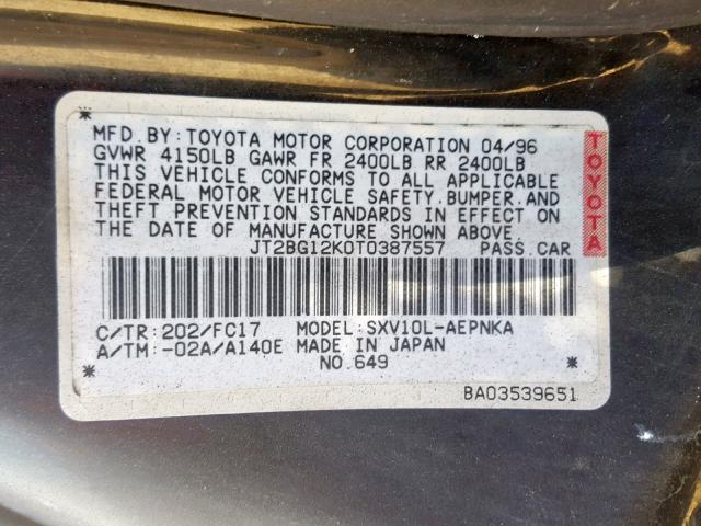 JT2BG12K0T0387557 - 1996 TOYOTA CAMRY DX BLACK photo 10