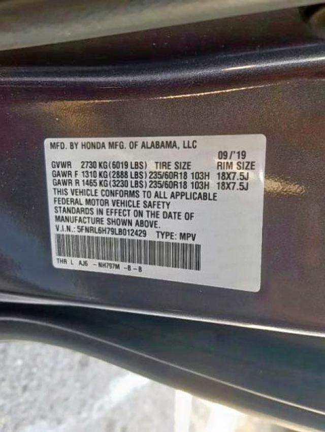 5FNRL6H79LB012429 - 2020 HONDA ODYSSEY EXL  photo 10