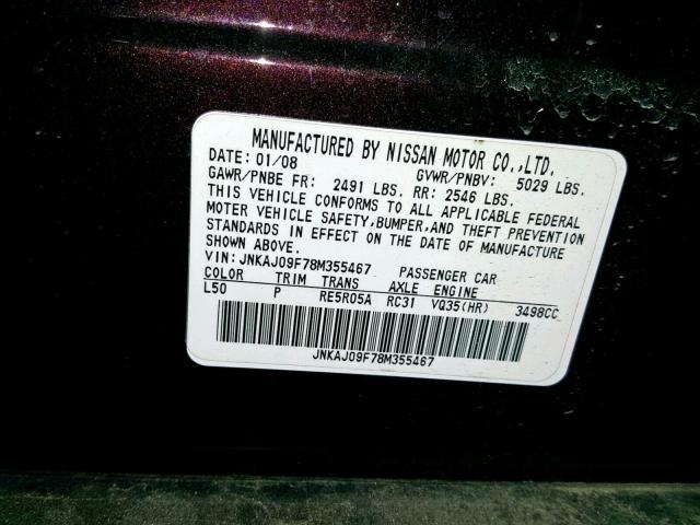JNKAJ09F78M355467 - 2008 INFINITI EX35 BASE BROWN photo 10