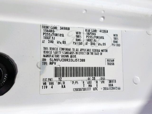 5LMFU28R33LJ51388 - 2003 LINCOLN NAVIGATOR Ақ фото 10