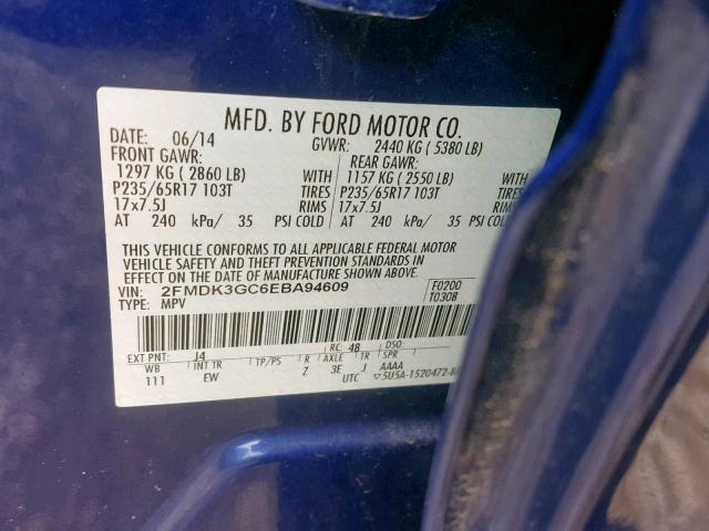 2FMDK3GC6EBA94609 - 2014 FORD EDGE SE BLUE photo 10