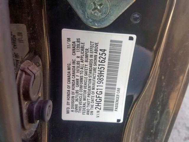 2HGFG11989H516254 - 2009 HONDA CIVIC EXL BLACK photo 10