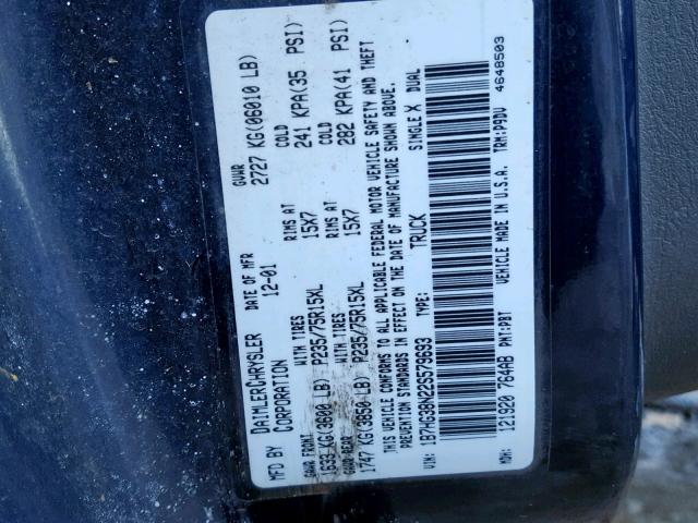 1B7HG38N22S579693 - 2002 DODGE DAKOTA QUA BLUE photo 10