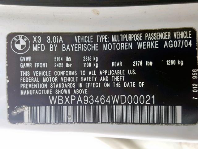 WBXPA93464WD00021 - 2004 BMW X3 3.0I WHITE photo 10