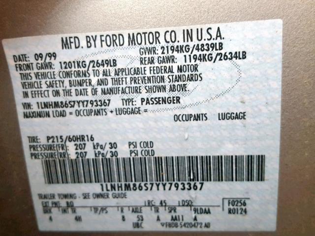 1LNHM86S7YY793367 - 2000 LINCOLN LS TAN photo 10