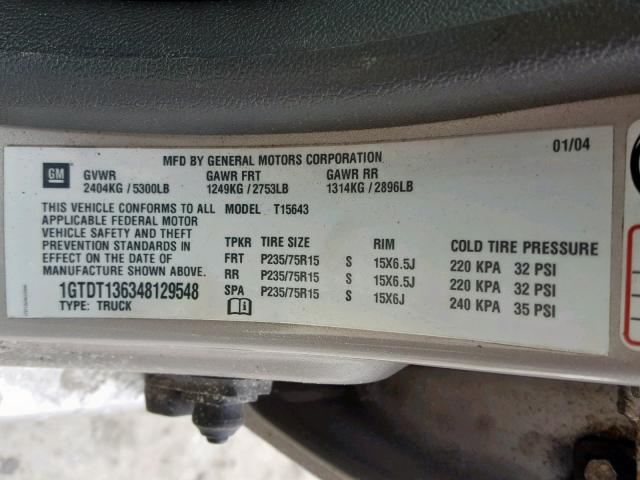 1GTDT136348129548 - 2004 GMC CANYON SILVER photo 10