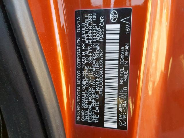 JTNJJXB09DJ025787 - 2013 TOYOTA SCION IQ ORANGE photo 10