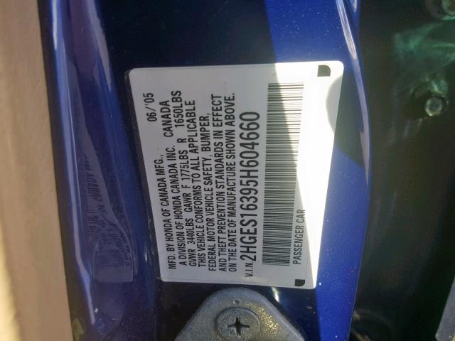 2HGES16395H604660 - 2005 HONDA CIVIC DX V BLUE photo 10