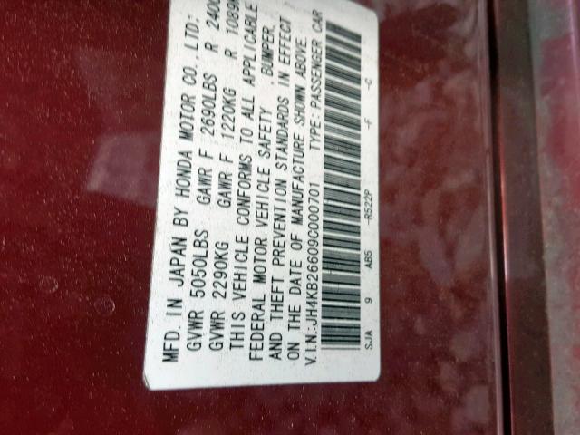 JH4KB26609C000701 - 2009 ACURA RL RED photo 10