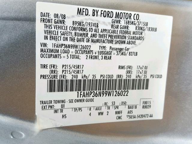 1FAHP36N99W126022 - 2009 FORD FOCUS SES SILVER photo 10