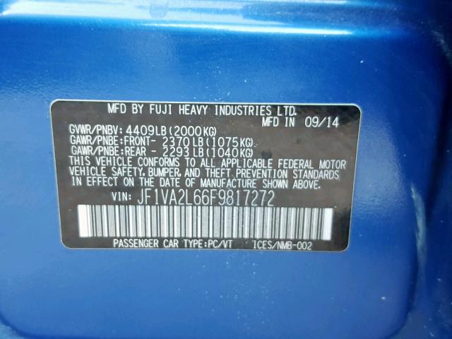 JF1VA2L66F9817272 - 2015 SUBARU WRX STI BLUE photo 10