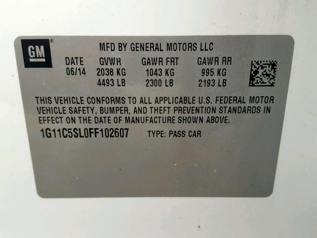 1G11C5SL0FF102607 - 2015 CHEVROLET MALIBU 1LT თეთრი ფოტო 10