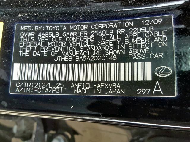 JTHBB1BA5A2020148 - 2010 LEXUS HS 250H BLACK photo 10