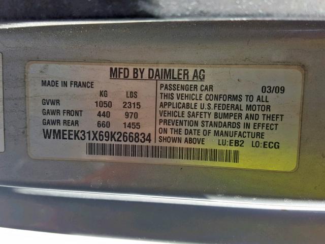 WMEEK31X69K266834 - 2009 SMART FORTWO PAS SILVER photo 10