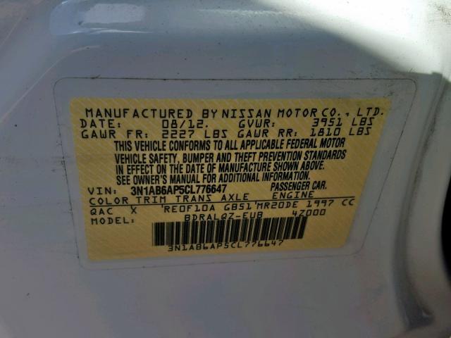 3N1AB6AP5CL776647 - 2012 NISSAN SENTRA 2.0 WHITE photo 10