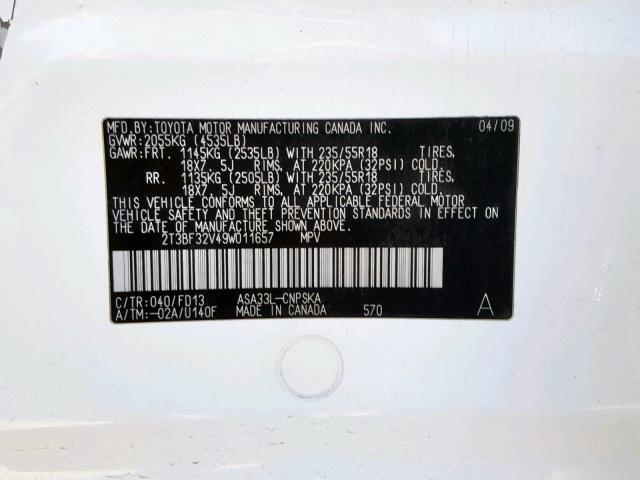 2T3BF32V49W011657 - 2009 TOYOTA RAV4 SPORT WHITE photo 10