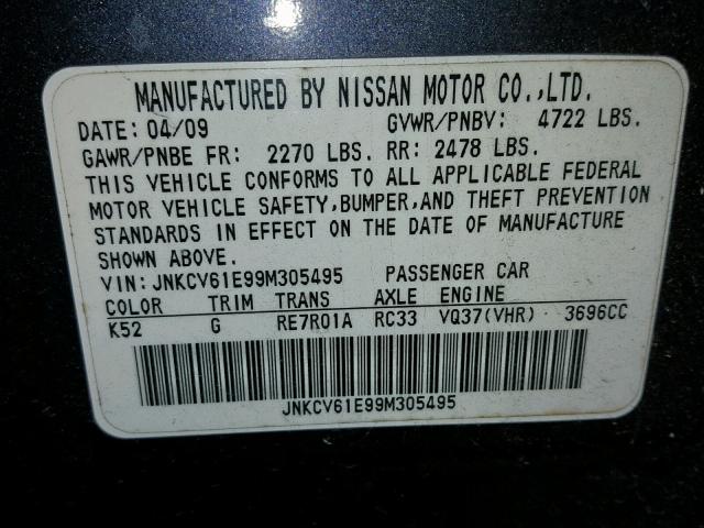 JNKCV61E99M305495 - 2009 INFINITI G37 BASE BLUE photo 10