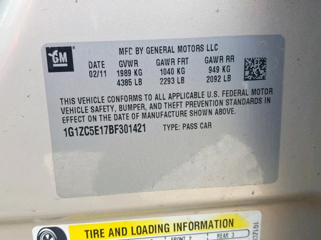 1G1ZC5E17BF301421 - 2011 CHEVROLET MALIBU 1LT ოქროსფერი ფოტო 10