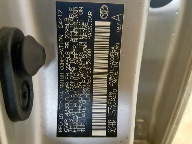 JTDZN3EU1C3124688 - 2012 TOYOTA PRIUS V SILVER photo 10