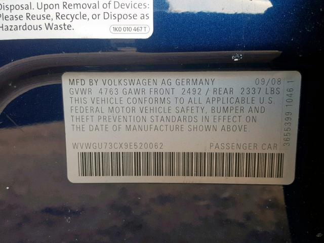 WVWGU73CX9E520062 - 2009 VOLKSWAGEN CC VR6 4MO BLUE photo 10