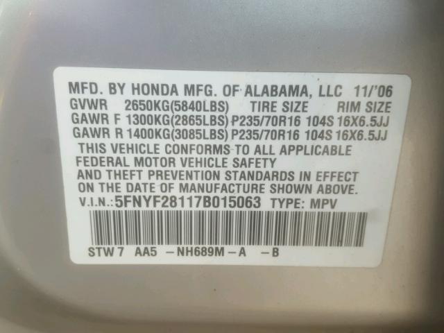 5FNYF28117B015063 - 2007 HONDA PILOT LX SILVER photo 10