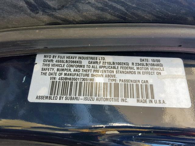 4S3BH635017305180 - 2001 SUBARU LEGACY L CHARCOAL photo 10