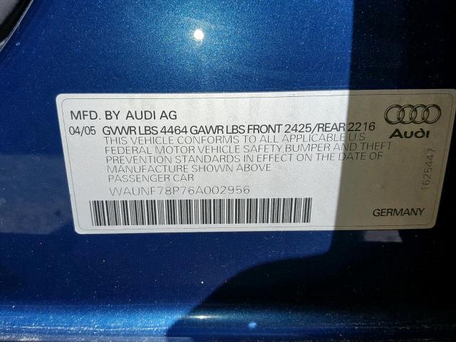 WAUNF78P76A002956 - 2006 AUDI A3 2.0 PRE BLUE photo 10