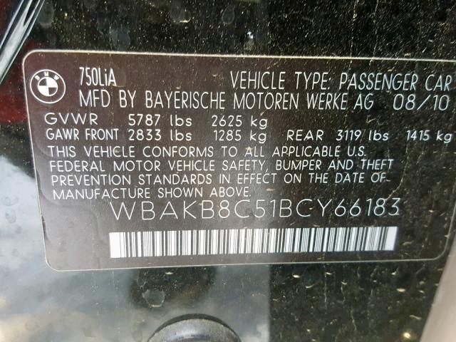 WBAKB8C51BCY66183 - 2011 BMW 750LI BLACK photo 10