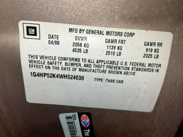 1G4HP52K4WH524638 - 1998 BUICK LESABRE CU GOLD photo 10