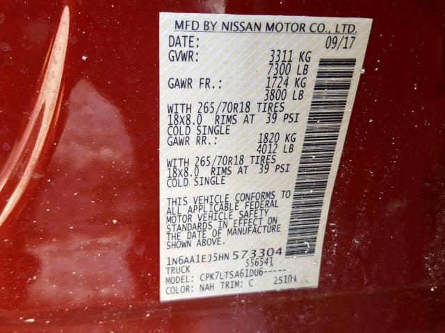 1N6AA1EJ5HN573304 - 2017 NISSAN TITAN S RED photo 10