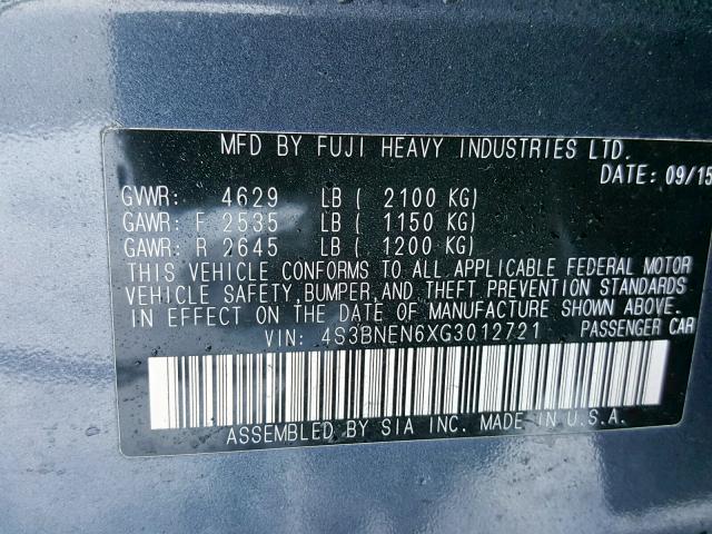 4S3BNEN6XG3012721 - 2016 SUBARU LEGACY 3.6 GRAY photo 10