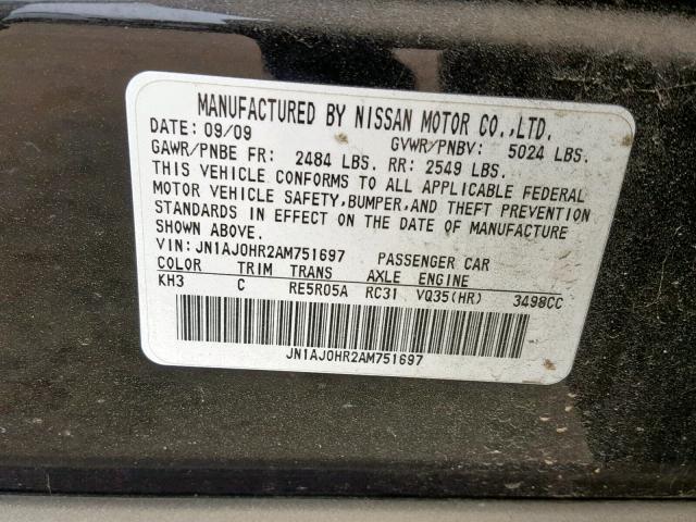 JN1AJ0HR2AM751697 - 2010 INFINITI EX35 BASE BLACK photo 10