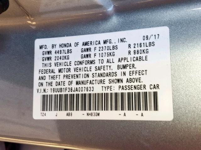 19UUB1F36JA007633 - 2018 ACURA TLX SILVER photo 10