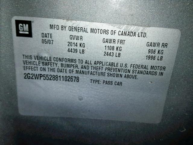 2G2WP552881102678 - 2008 PONTIAC GRAND PRIX GRAY photo 10