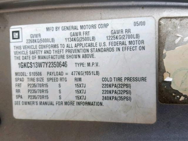 1GKCS13W7Y2350646 - 2000 GMC JIMMY TAN photo 10