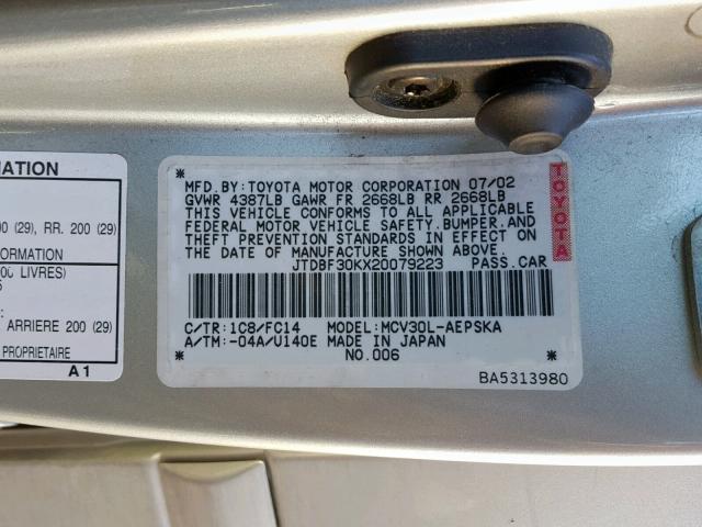 JTDBF30KX20079223 - 2002 TOYOTA CAMRY LE SILVER photo 10