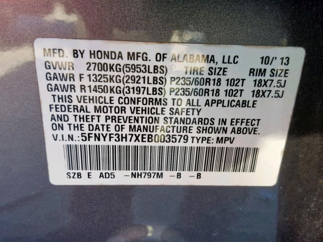 5FNYF3H7XEB003579 - 2014 HONDA PILOT EXLN GRAY photo 10