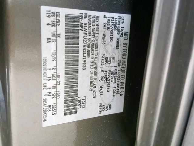 5LMFU27R43LJ19938 - 2003 LINCOLN NAVIGATOR GRAY photo 10