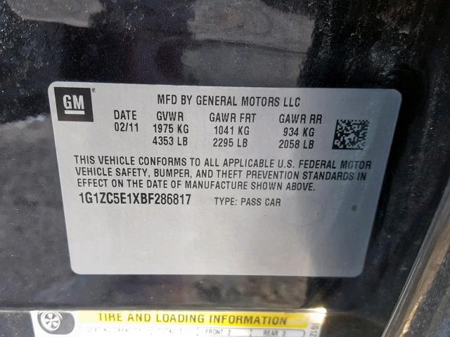 1G1ZC5E1XBF286817 - 2011 CHEVROLET MALIBU 1LT შავი ფოტო 10