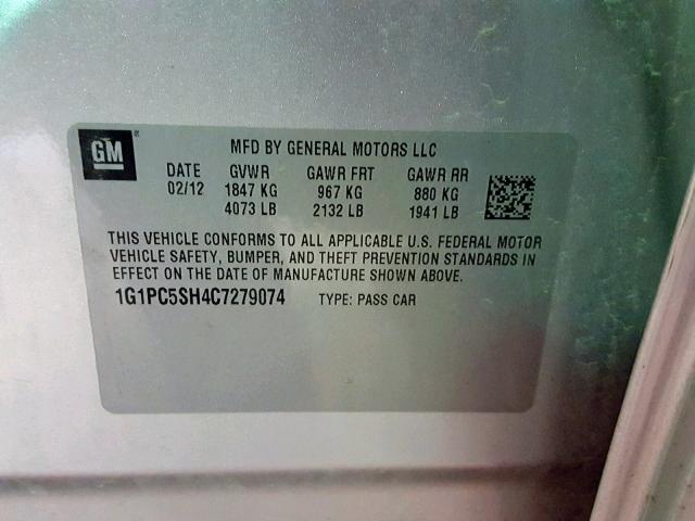 1G1PC5SH4C7279074 - 2012 CHEVROLET CRUZE LS SILVER photo 10