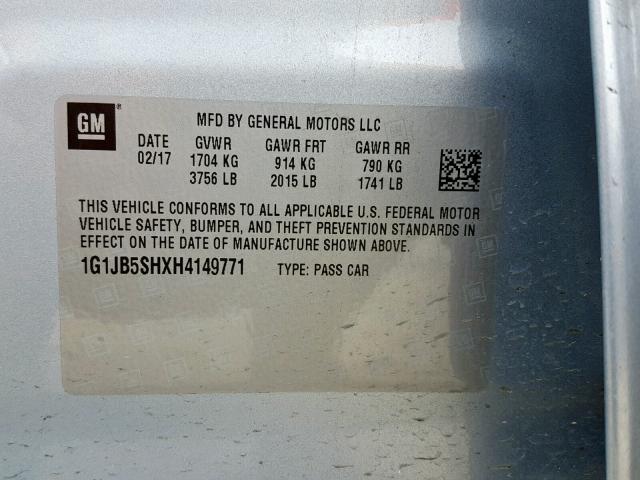 1G1JB5SHXH4149771 - 2017 CHEVROLET SONIC LS BLUE photo 10