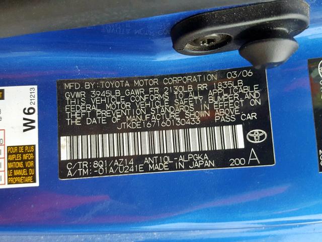 JTKDE167160130433 - 2006 TOYOTA SCION TC ლურჯი ფოტო 10