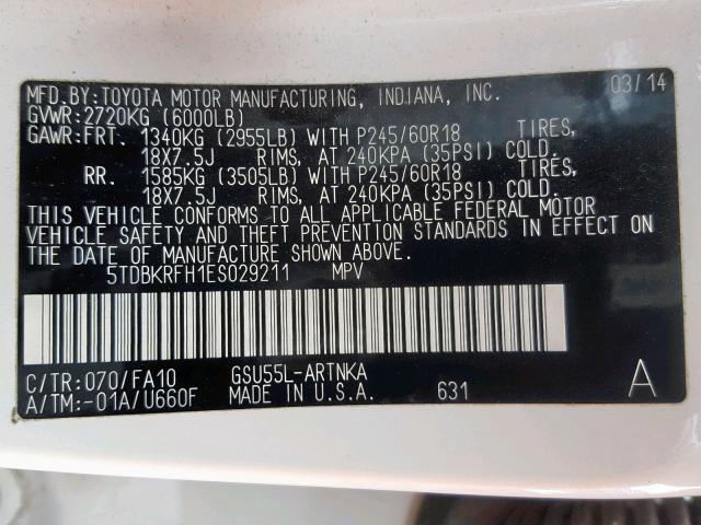 5TDBKRFH1ES029211 - 2014 TOYOTA HIGHLANDER თეთრი ფოტო 10