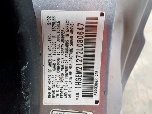 1HGEM21272L080647 - 2002 HONDA CIVIC DX SILVER photo 10